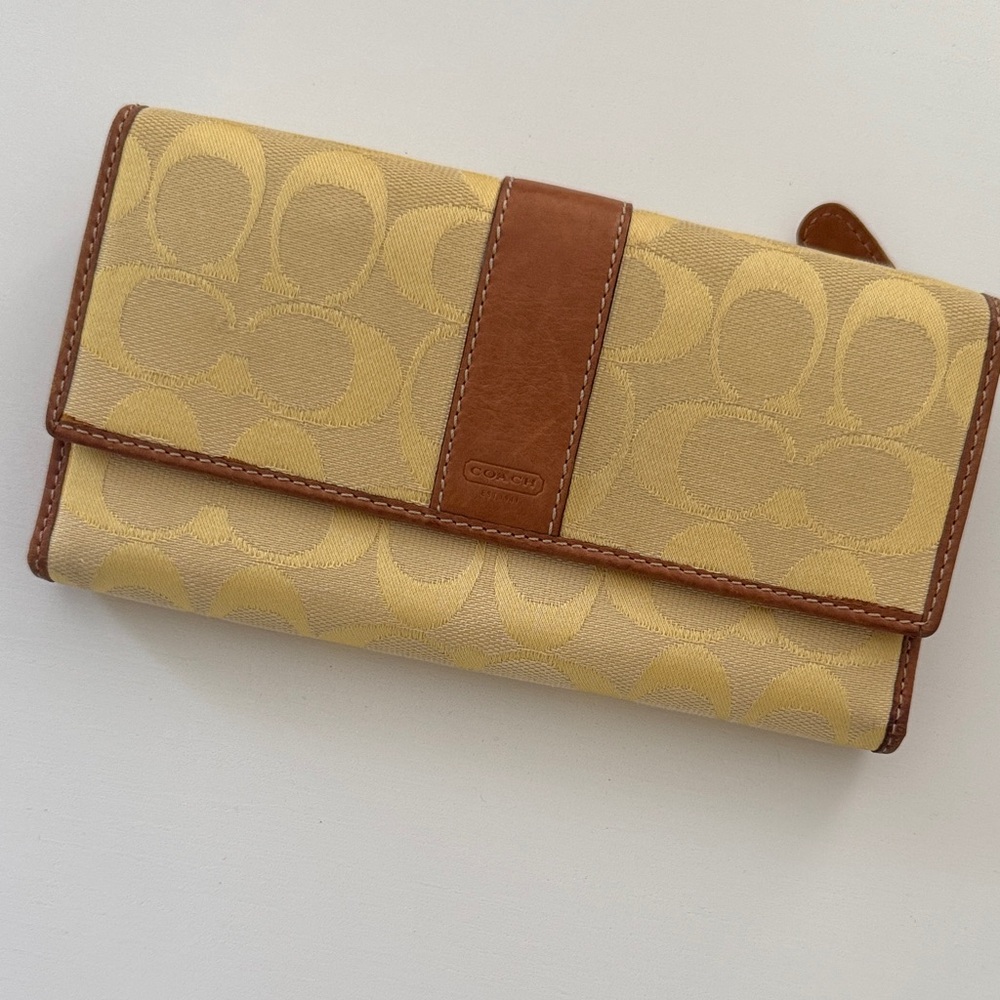 Coach Pale Yellow/Gold and Brown Logo Fabric & Leather Women's Wallet - Picture 15 of 16